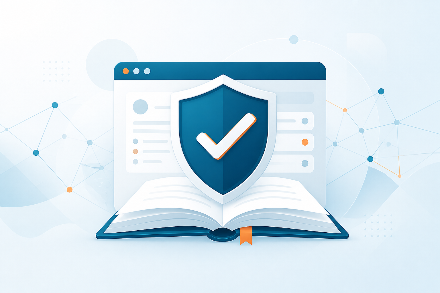 Secure online assessment represented by a shield, checkmark, browser window and open book